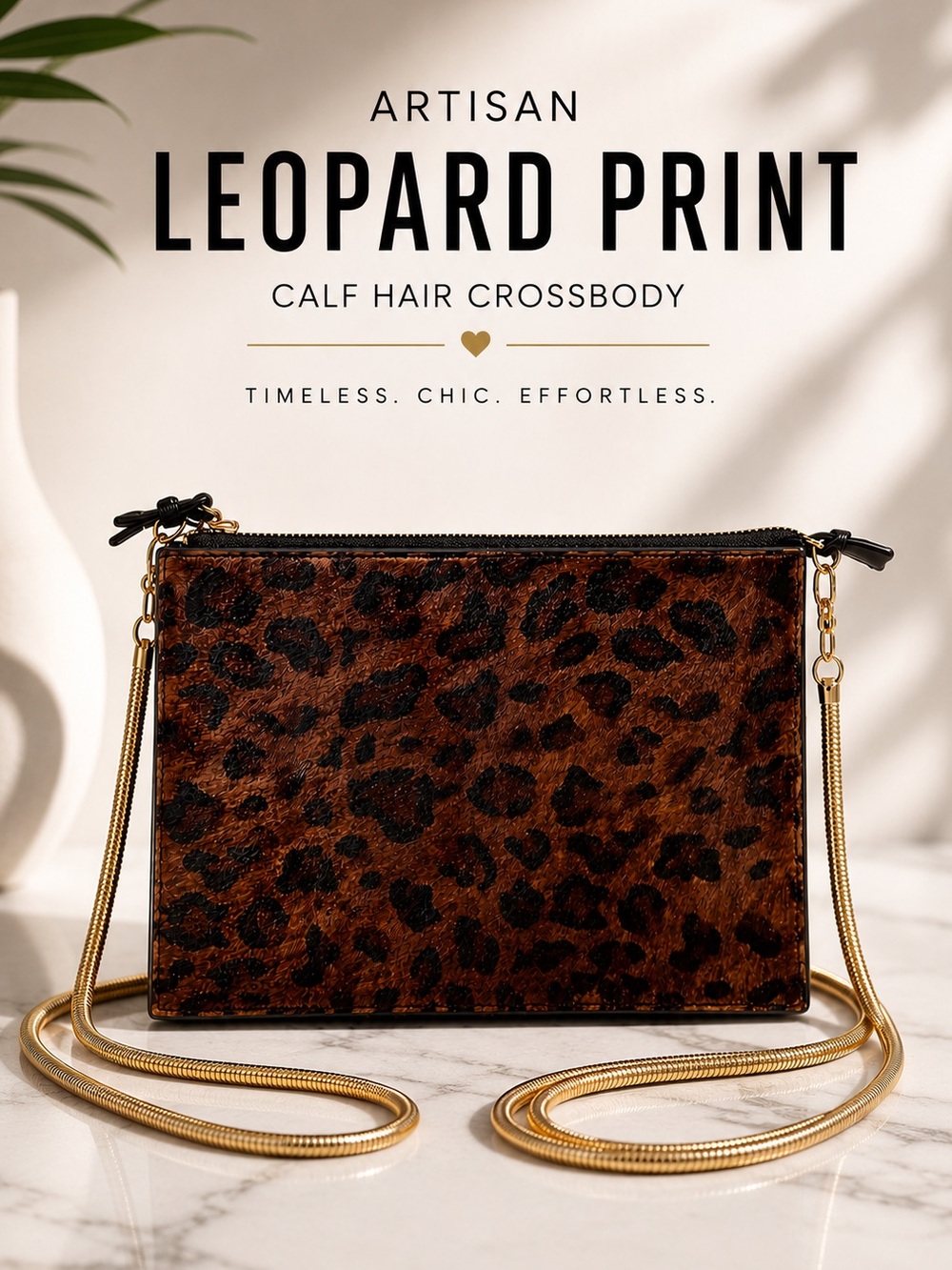 Leopard Print Calf Hair Crossbody Bag Gold Chain Strap Chic Trendy